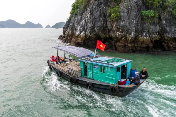 Lan Ha Körfezi, Vietnam - 27 Nisan 2024: Yerel halk Lan Ha Körfezi, Vietnam 'da mal taşıyor