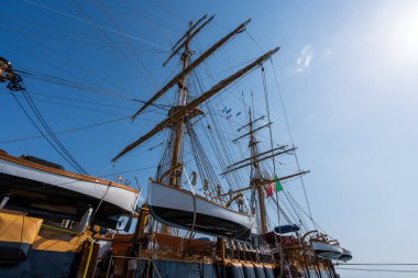 DARWIN, AUSTRALIA - 06 OCT 2024: Italian training ship Amerigo Vespucci docked at Fort Hill Wharf in Darwin during the 2024 world tour. clipart