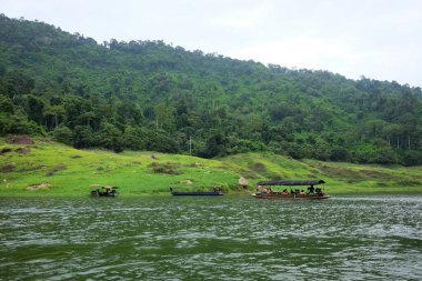 NAKHONNAYOK, THAILAND - 08 Temmuz 2018: Turistler, tropikal yağmur ormanlarında ve kayalık dağlardaki yeşil ormanlarda uzun kuyruk teknesinin keyfini çıkarıyorlar.