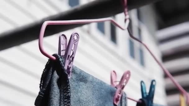 Renkli Elbise Klipsleri Çamaşır Askısı Dışarıda Asılı — Stok video