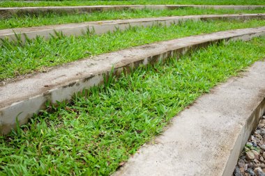 Kavisli merdiven, granit beton, çimenli açık hava parkı. 