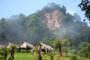 Geleneksel ahşap ev tatil köyü ve dağda sis ve sisli bir bungalov. Thatched barakası Tayland 'ın kuzeyinde Lanna stilidir.