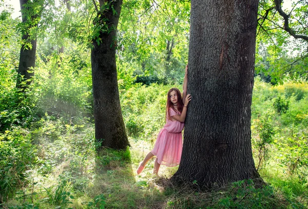 Girl Fabulous Image Elf Ears Pink Dress Sunny Forest Backlight — Stock Photo, Image