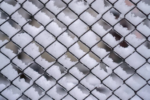 雪の中で鉄メッシュネット 背景の抽象的な冬のパターン — ストック写真
