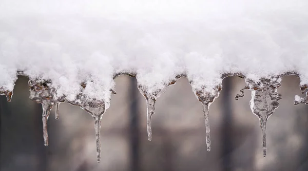 눈덮인 석판에 매달려 고드름 — 스톡 사진