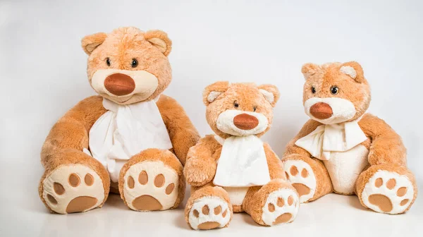 A family of teddy bears with bows on a white background.Daddy bear, mommy bear, little bear cub. Soft children\'s toy.