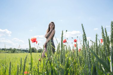 Girl in a wheat field with poppies under a summer cloudy sky.