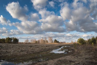 Spring very wet agricultural field with puddles of water due to rain and melting snow.