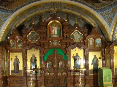 Kutsal yatakhane Pochaev Lavra. Ukrayna. 2 Eylül 2006. Hıristiyan Ortodoks mimari kompleksi ve manastırının sunağı..