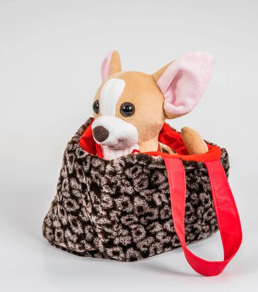 Handbag Soft Children Toy Dog Red Dress White Background — Foto de Stock