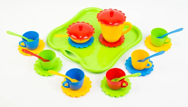 Jucării Pentru Copii Tacâmuri Din Plastic Multicolore Fundal Alb — Fotografie, imagine de stoc