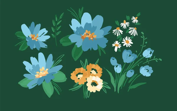 Σύνολο Στοιχείων Floral Design Φύλλα Λουλούδια Γρασίδι Κλαδιά Εικονογράφηση Διάνυσμα — Διανυσματικό Αρχείο