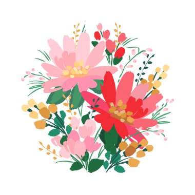 Vector isolated floral design with cute flowers. Template for card, poster, flyer, t-shirt, home decor and other use.
