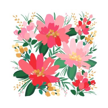 Vector isolated floral design with cute flowers. Template for card, poster, flyer, t-shirt, home decor and other use.