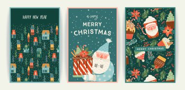 Noel ve Mutlu Yıllar kartları seti. Yeni yıl sembolleri boyunca sevimli parlak çizimler vektör tasarım şablonları.