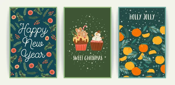 一套圣诞贺卡和新年贺卡 用明快明快的图解表示新年的象征矢量设计模板 — 图库矢量图片