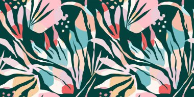 Soyut yaprakları olan sanatsal kusursuz desen. Kağıt, kapak, kumaş, iç dekorasyon ve diğer kullanım için modern tasarım