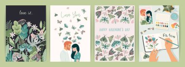 Set of Romantic illustrations. Man and woman. Love, love story, relationship. Vector design concept for Valentines Day and other use.