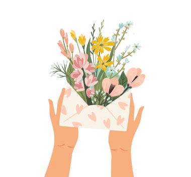 Isolated illustration of flowers in envelope. Vector design concept for Valentines Day and other use.