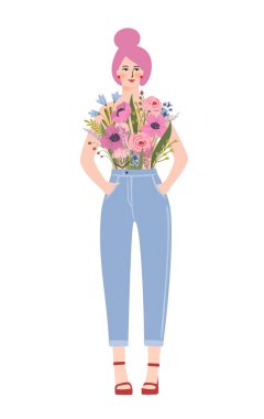 Isolated illustration of a woman with flowers. Concept for International Women s Day and other use
