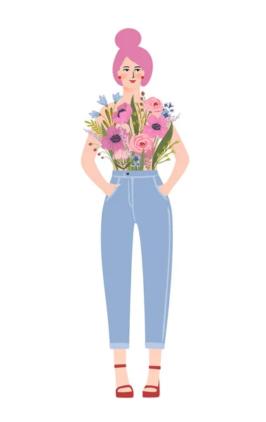 一个带着花的女人的孤立的图画 国际妇女节及其他用途的概念 — 图库矢量图片