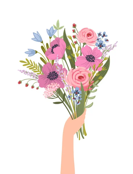 Isolated Llustration Bouquet Flowers Female Hand Vector Design Concept Holyday — Vetor de Stock