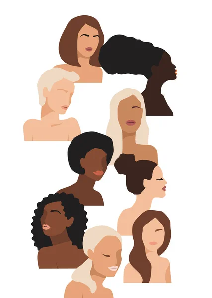 異なる肌の色を持つ抽象的な女性の分離ベクトルイラスト 平等のための闘争 国際女性デーのコンセプトやその他の使用 — ストックベクタ