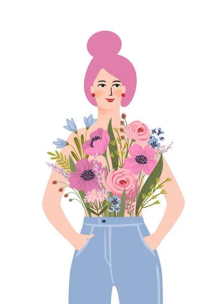一个带着花的女人的孤立的图画 国际妇女节及其他用途的概念 — 图库矢量图片