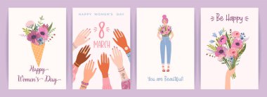 Cards with cute female illustrations. Vector set for Happy Womens Day, 8 march and other use.