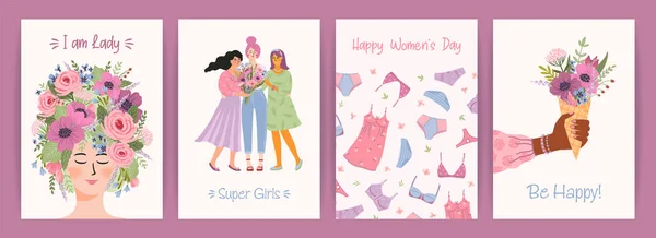 Cards Cute Female Illustrations Vector Set Happy Womens Day March — Stock vektor