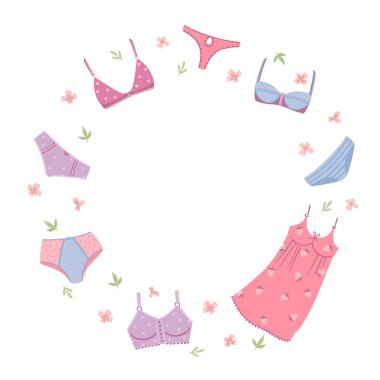 Round frame with womens underwear. Vector design concept for International Women s Day and other use