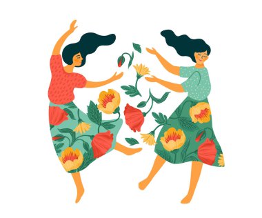 Vector isolated illustration of cute dancing women. Happyl Women s Day concept for card, poster, banner and other use
