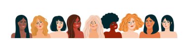 Isolated vector illustration of abstract women with different skin colors. Struggle for freedom, independence, equality. Concept for International Womens Day and other use