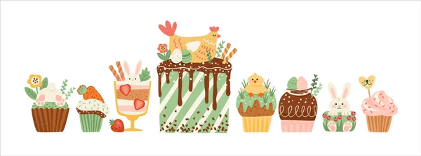 Пасхальная Изолированная Иллюстрация Забавными Сладостями Кекс Торт Десерт Пасхальными Символами — стоковый вектор