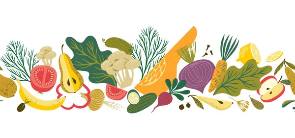 Bordure Sans Couture Vectorielle Avec Fruits Légumes Une Nourriture Saine — Image vectorielle