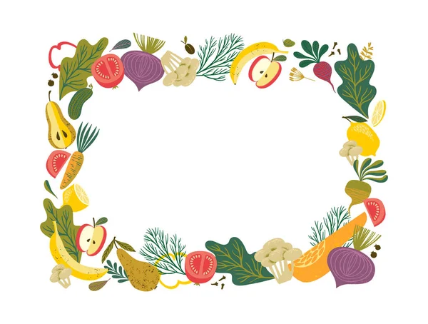 Vectorframe Met Groenten Fruit Gezonde Voedselillustratie Ontwerp Van Geïsoleerde Elementen — Stockvector