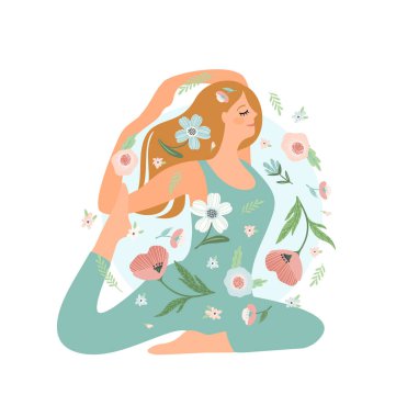 Yoga yapan bir kadın. Umursama, kendini sevme, uyum. İzole tasarım.