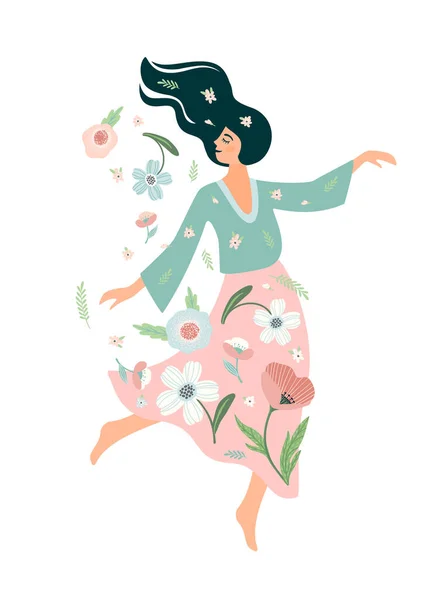 女人与花朵共舞 自我关怀 自我爱 孤立的设计 — 图库矢量图片