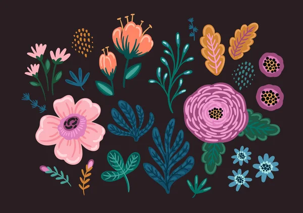 Set Floral Design Elements Leaves Flowers Grass Branches Vector Illustration — Vetor de Stock
