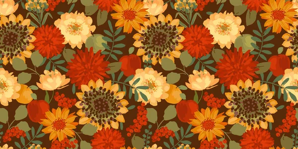 Motif Floral Sans Couture Avec Des Fleurs Automne Des Feuilles — Image vectorielle
