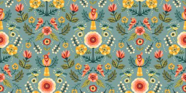 Kuşların çiçek desenli desenleri. Kağıt, kapak, kumaş, volta ve diğer kullanım için modern soyut tasarım