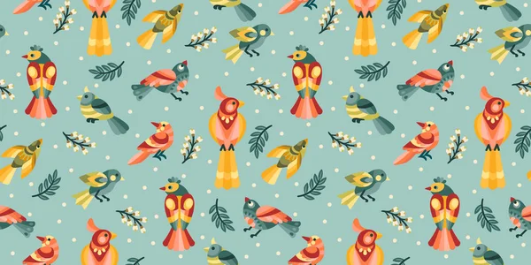 Folk Floral Seamless Pattern Birds Modern Abstract Design Paper Cover — Stock Vector