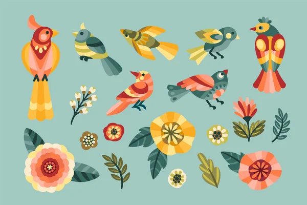 Ensemble Éléments Design Folklorique Feuilles Fleurs Oiseaux Illustration Vectorielle — Image vectorielle