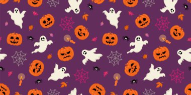 Cadılar Bayramı geçmişi. Cadılar Bayramı sembolleriyle kusursuz desen. Vektör tasarımı