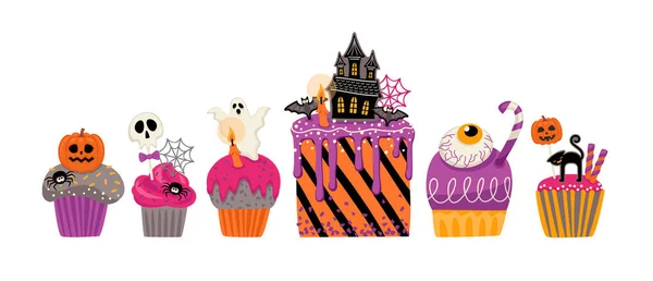 Halloween Isolierte Illustration Dekorierte Cupcakes Muffins Gebäck Süßigkeiten Bonbons Vektordesign — Stockvektor