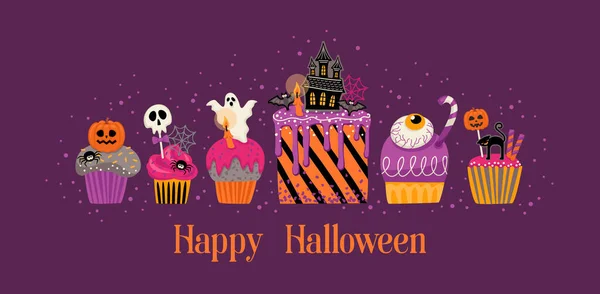 Illustration Halloween Dekorierte Cupcakes Muffins Gebäck Süßigkeiten Bonbons Vektordesign — Stockvektor