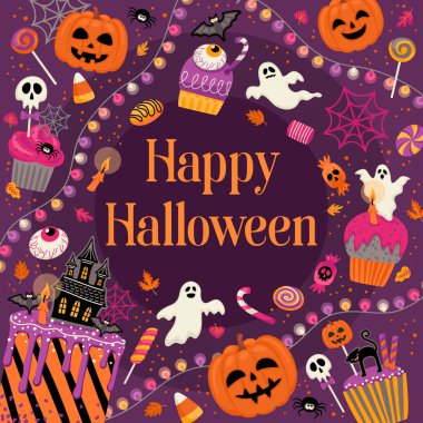 Cadılar Bayramı illüstrasyonu. Süslü kapkekler, kekler, pastalar şekerler afiş, kart, poster, ağ ve diğer kullanım için vektör şablonu