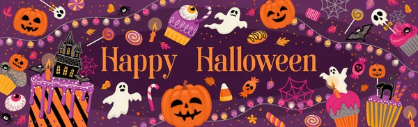 Illustration Halloween Dekorierte Cupcakes Muffins Gebäck Bonbons Vektorvorlage Für Banner — Stockvektor