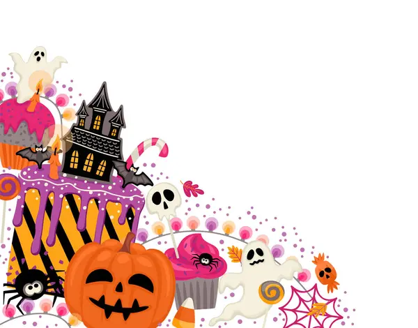 Illustration Halloween Dekorierte Cupcakes Muffins Gebäck Bonbons Vektorvorlage Für Banner — Stockvektor