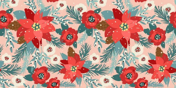 Christmas Happy New Year Seamless Pattern Christmas Tree Flowers Berries — Image vectorielle